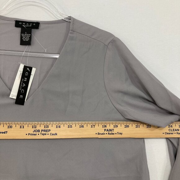 New Grace Large Gray V Neck Flare Sleeve Popover Blouse Romantic Elegant - Picture 6 of 8